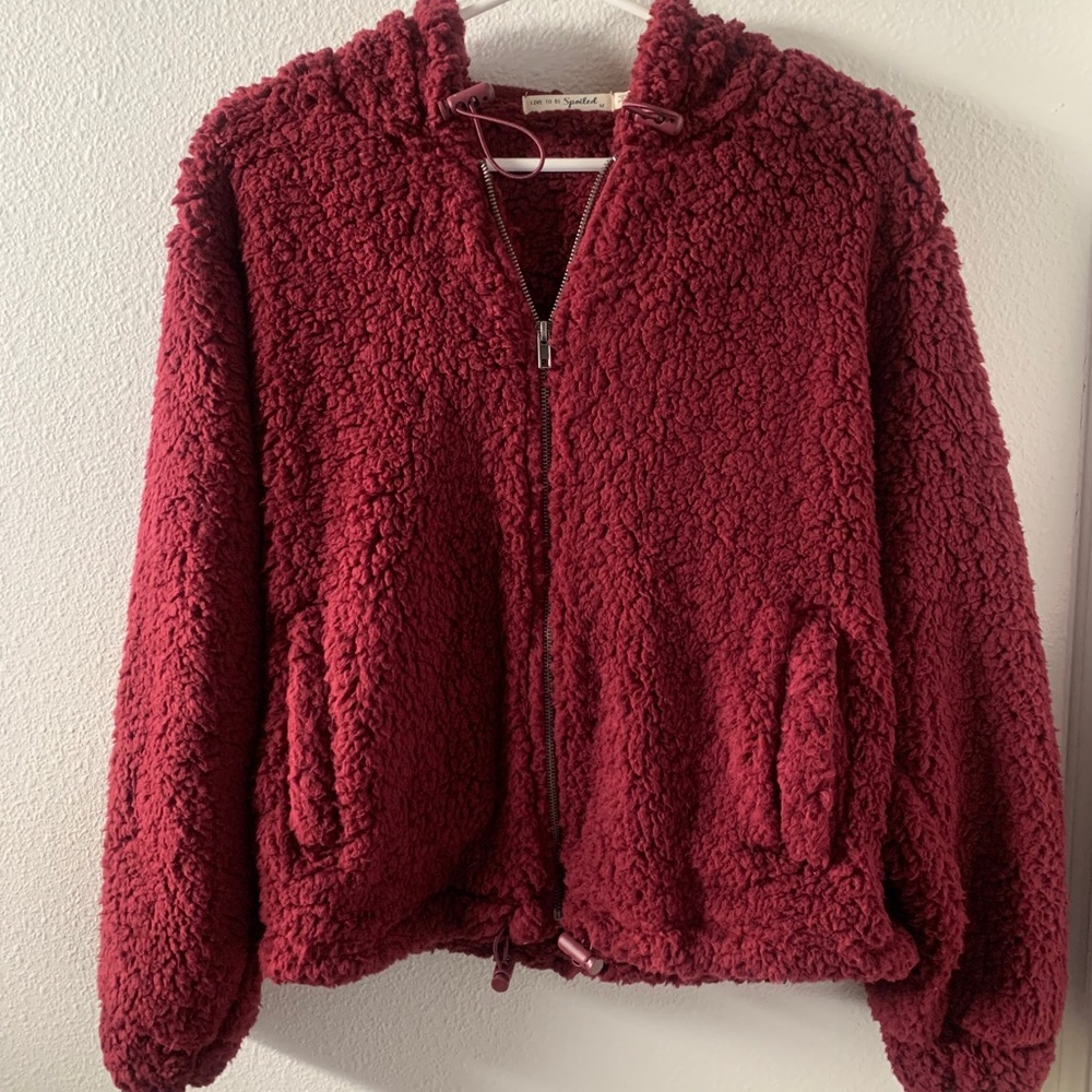 Sherpa Zip Up Sweater in Burgandy - Size M